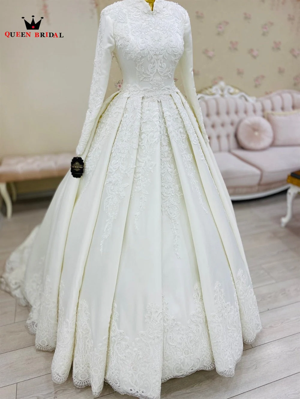 Muslim Wedding Dresses Real Photos Ball Gown High Neck Long Sleeve Satin Tulle Lace  Formal Luxury Bride Dress Custom Made DE18 - Deanwangkt