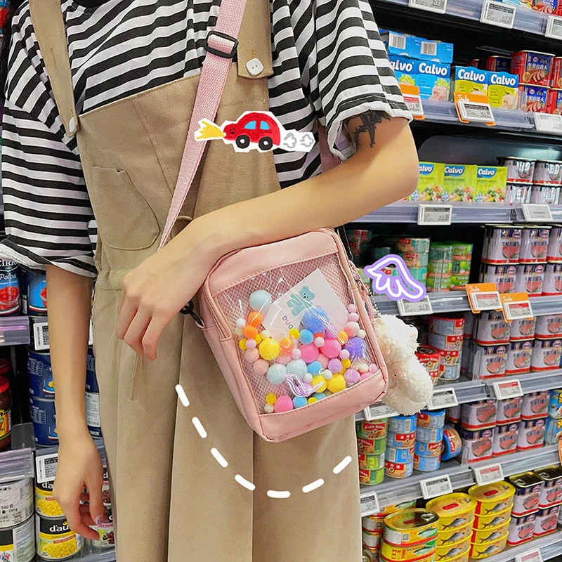 deanwangkt Japanese Style Kawaii Bag Women itabag Transparent Pocket Colorful Hairballs Crossbody Bags Women Shoulder Bag With Card Bolsos - Deanwangkt