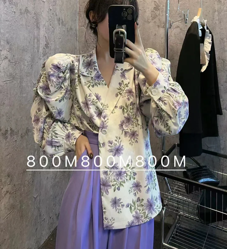 deanwangkt  Elegant Print Puffed Sleeve Blouse Top Autumn Womens Turn-Down Collars Half Sleeve Tie Dye Blouses Shirt Outwears - Deanwangkt