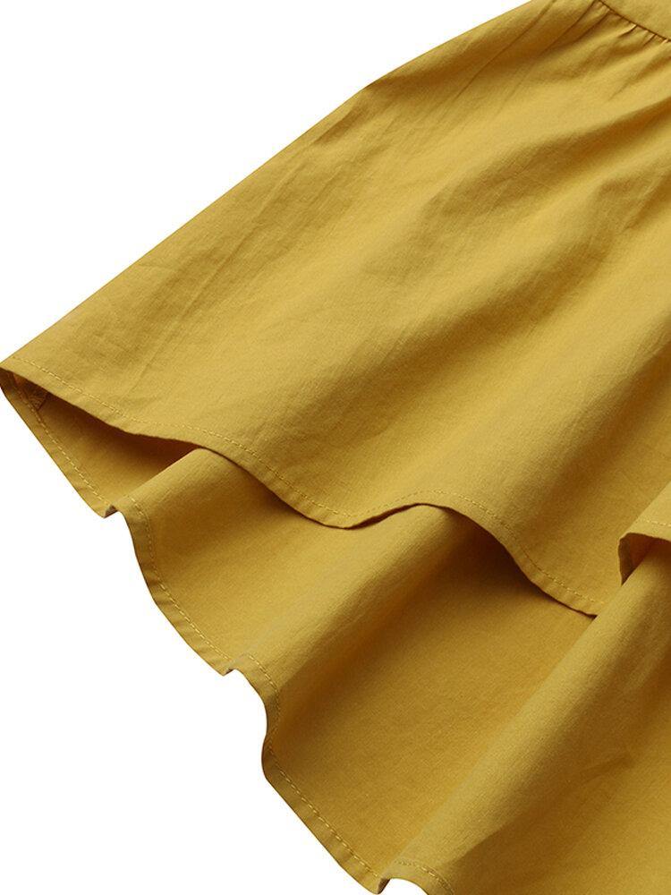 deanwangkt Cotton Women Solid Color Ruffles Round Neck Short Sleeve Casual Dresses - Deanwangkt