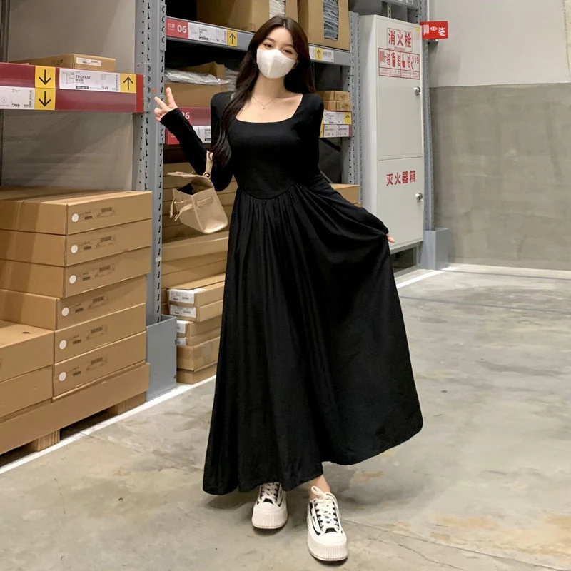deanwangkt Spring  New Hepburn Style Gentle Temperament Pocket Waist Slim Panel Large Hemline Long Sleeve Dress - Deanwangkt
