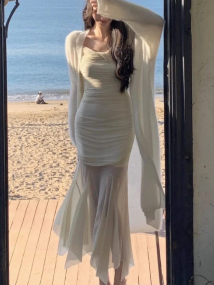 deanwangkt Elegant Mesh Long Sleeve Midi Dresses for Women  Autumn Fashion Vintage Slim Party Sexy Evening Vestidos Female Clothes Robe - Deanwangkt