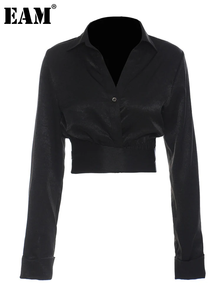 deanwangkt Women Black Short Single Button Casual Blouse New Lapel Long Sleeve Loose Fit Shirt Fashion Spring Autumn  1DD7365 - Deanwangkt