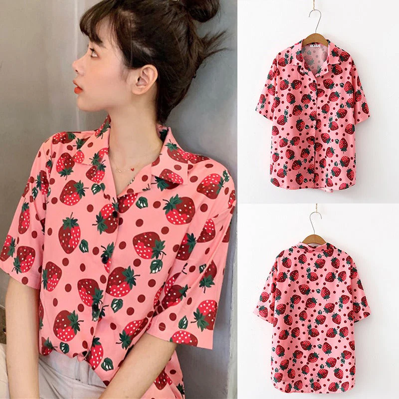 deanwangkt New Women Blouses Holiday Casual Short Sleeve Tops Ladies Strawberry Printed Shirt Korean Summer Fashion Women Clothing - Deanwangkt