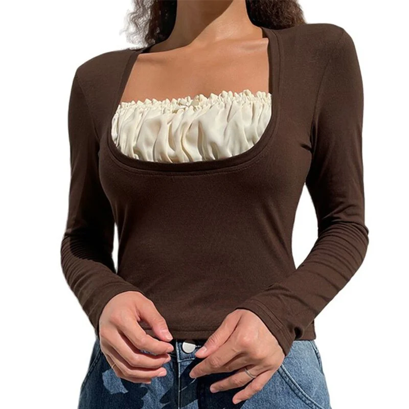 Long Sleeve T-Shirt Black Top Women Patchwork Lace Crop Top Winter Spring Women Pulovers Sexy Skinny V Neck Tees 90s Y2K Clothes - Deanwangkt