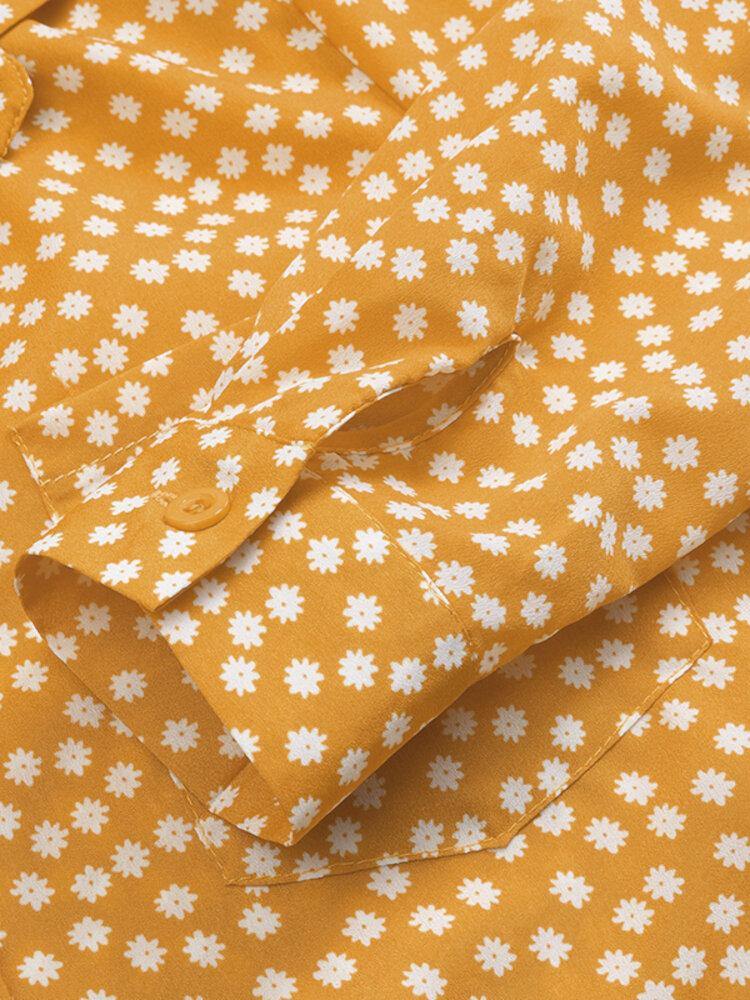 deanwangkt Women Ditsy Floral Print Button Up Long Sleeve Casual Longline Shirts - Deanwangkt