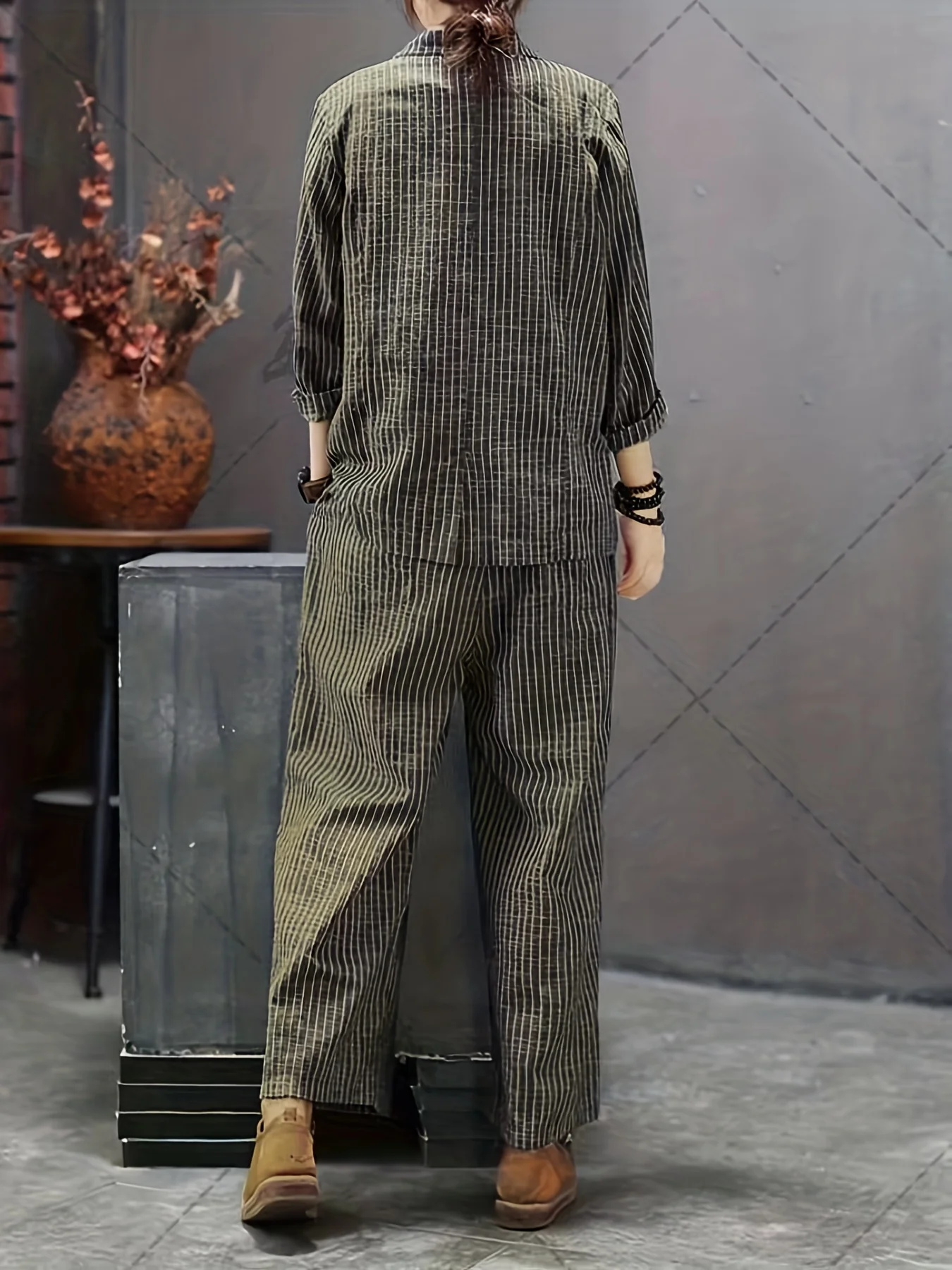 deanwangkt Striped Print Casual Two-piece Set, Lapel One Button Long Sleeve Blazer & Long Length Wide Leg Pants Outfits, Women's Clothing - Deanwangkt