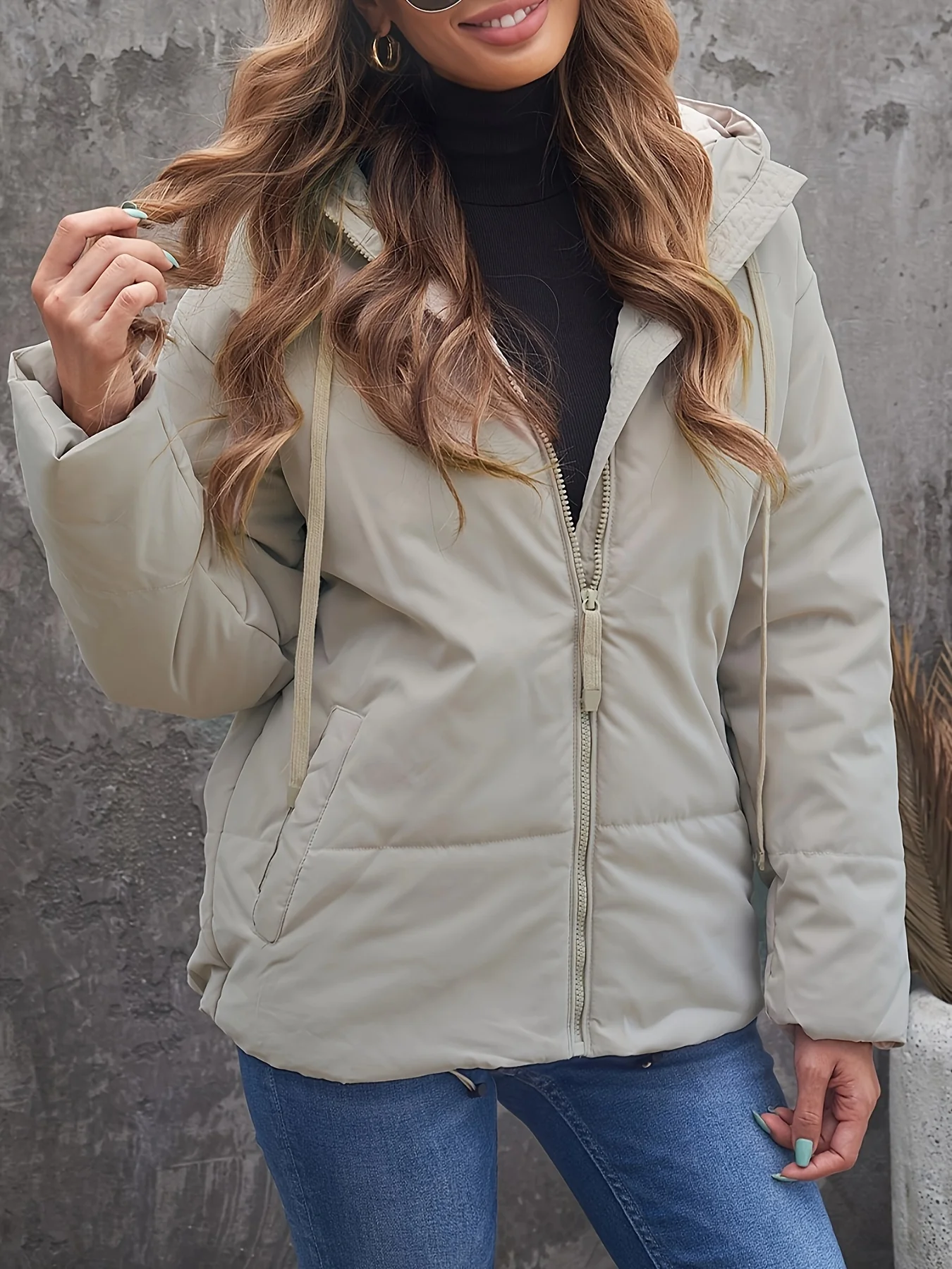 Zip Up Drawstring Coat, Casual Long Sleeve Hooded Winter Outerwear, Women's Clothing - Deanwangkt