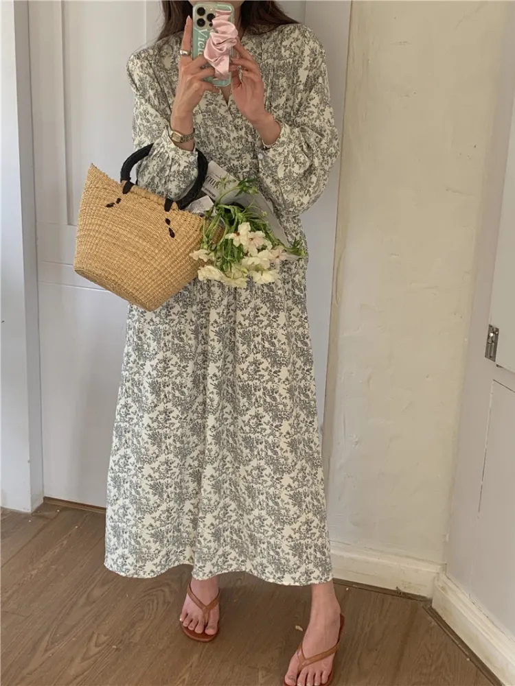 Joskka New  Chiffon Floral Printed High Waist Lace Up Korean Fashionable Elegant Vintage Women Spring Summer Long Dresses - Deanwangkt