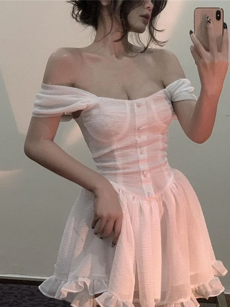 deanwangkt Sexy Summer Short Sleeve Dress Women Casual Ruffle Elegant Fashion Dresses One Word Collar Off Shoulder Party Beach Dress - Deanwangkt