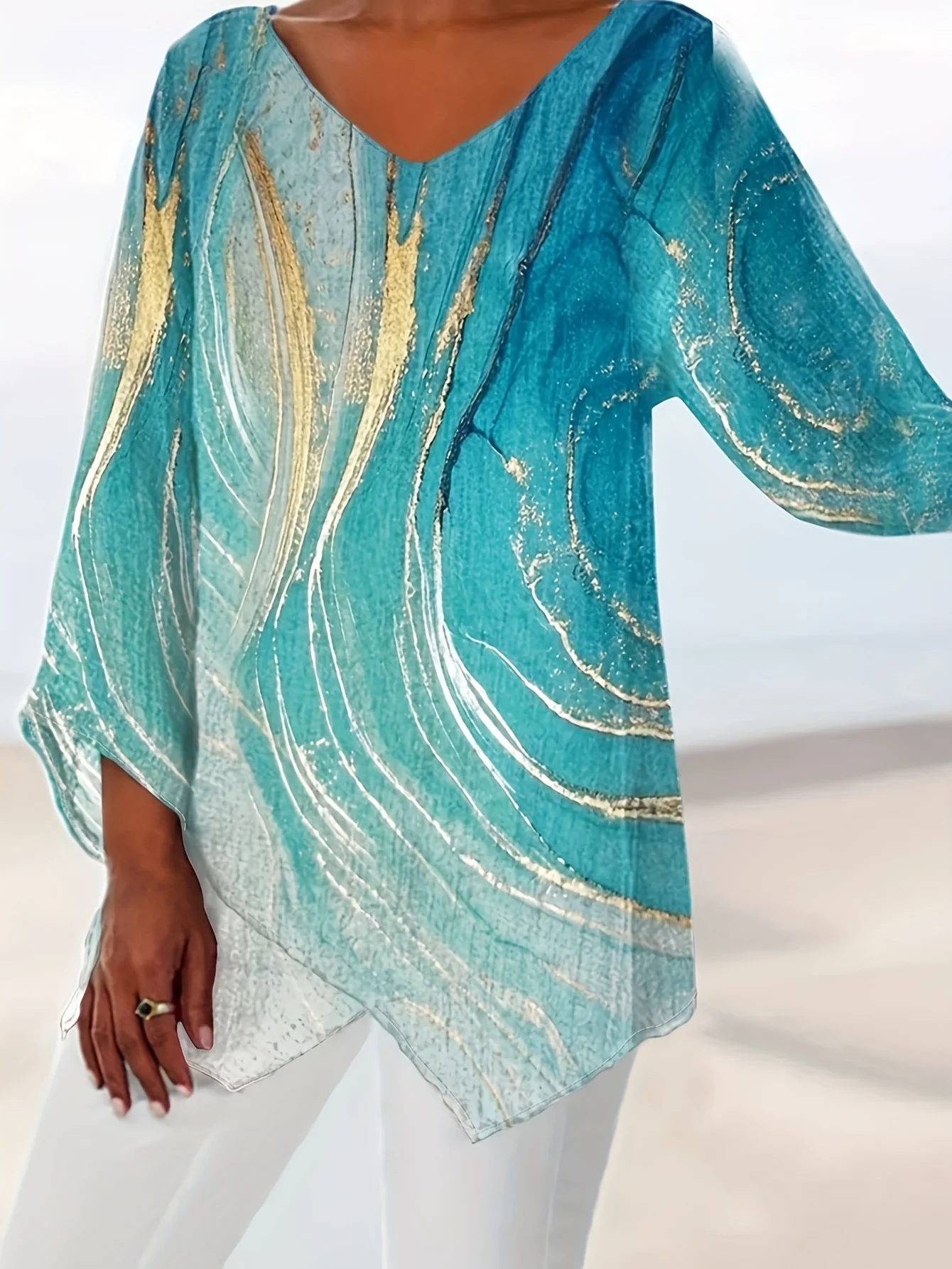 Plus Size Fluid Print Long Sleeve Layered T-shirt, Women's Plus Slight Stretch V Neck Loose Elegant Top - Deanwangkt