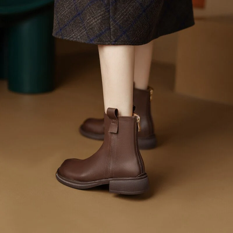 deanwangkt  Autumn Shoes   NEW Fall Shoes Women Split Leather Boots Round Toe Chunky Heel Women Boots Winter Solid Slip-on Ankle Boots Western Boots Women - Deanwangkt