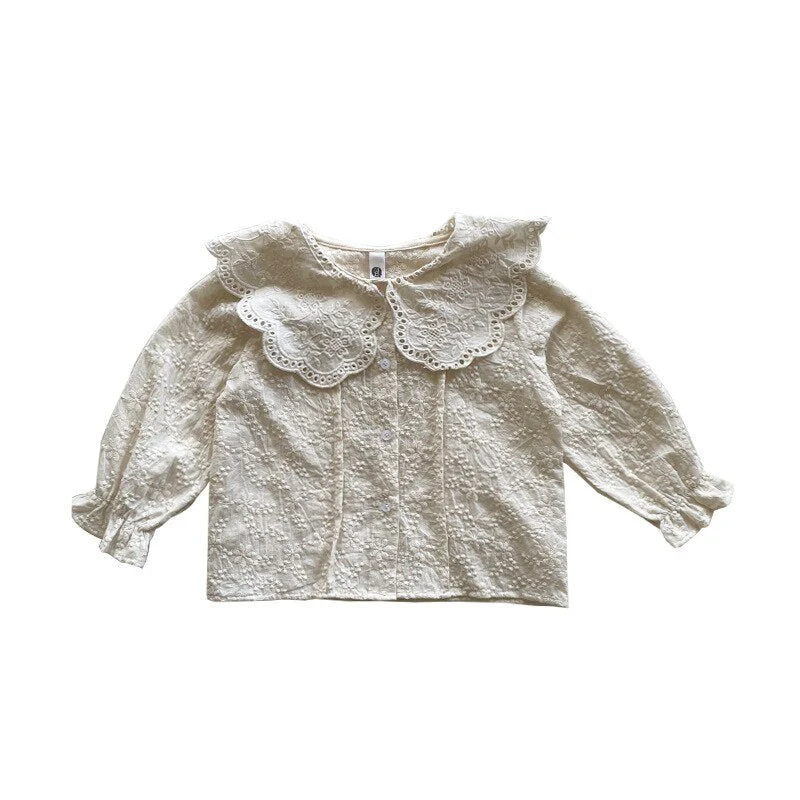 deanwangkt Spring Autumn baby girls lace Hollow out shirts 2-7 Years Girl cotton embroidery Lapel long sleeve blouses Tops - Deanwangkt