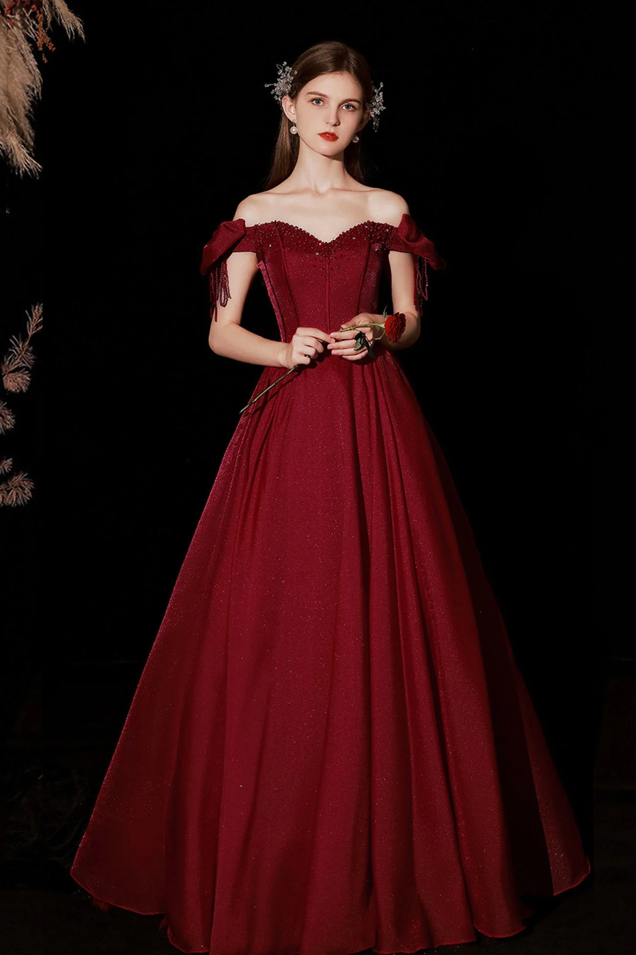 solvbao Burgundy Satin Long Prom Dresses, A-Line Off the Shoulder Formal Dresses - Deanwangkt