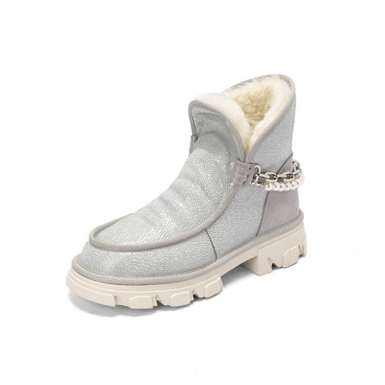 deanwangkt  fashion inspo    New Winter Warm Women's Ankle Boots Pearl Chain Thick Bottom Snow Boots Fashion Women's Boots Wool Fur Boots Youth Boots - Deanwangkt