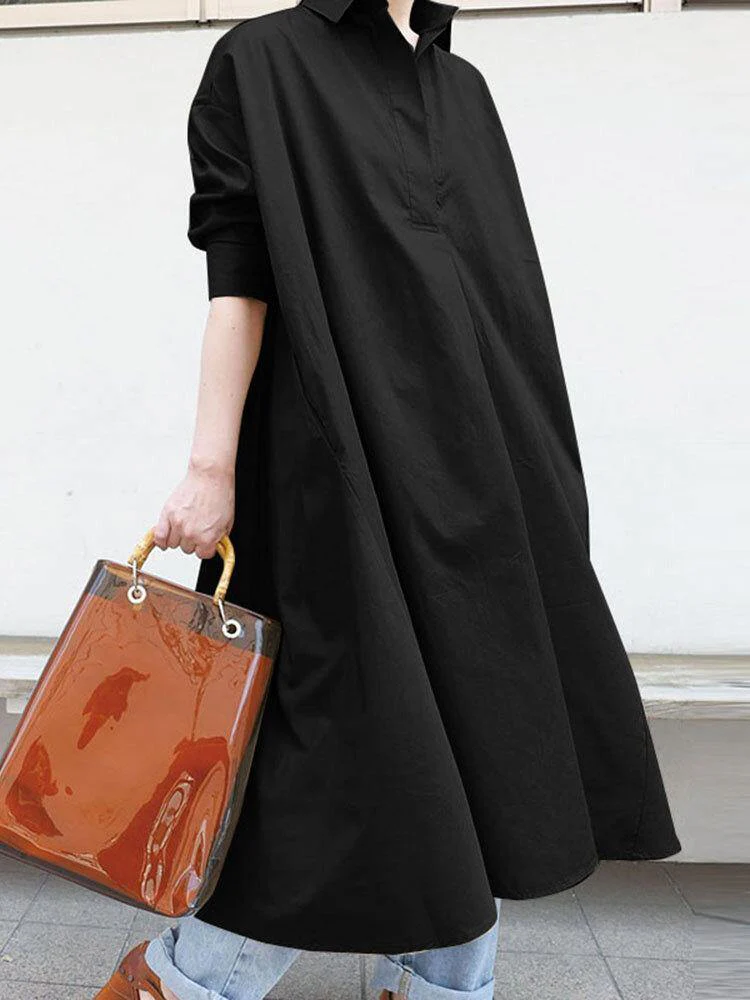 deanwangkt Solid Color Lapel Button Irregular Hem Three Quarter Sleeve Shirt Dress With Pocket - Deanwangkt