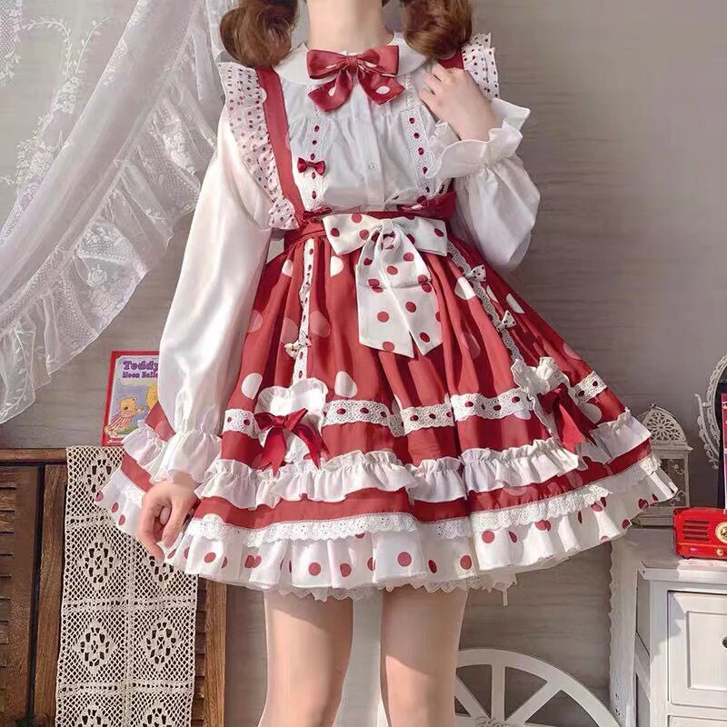 JSK Lolita Dress Victorian Princess Polka Dot Red Kawaii Sleeveless Strap Soft Girly Baby Doll Dresses Kawaii Clothing - Deanwangkt