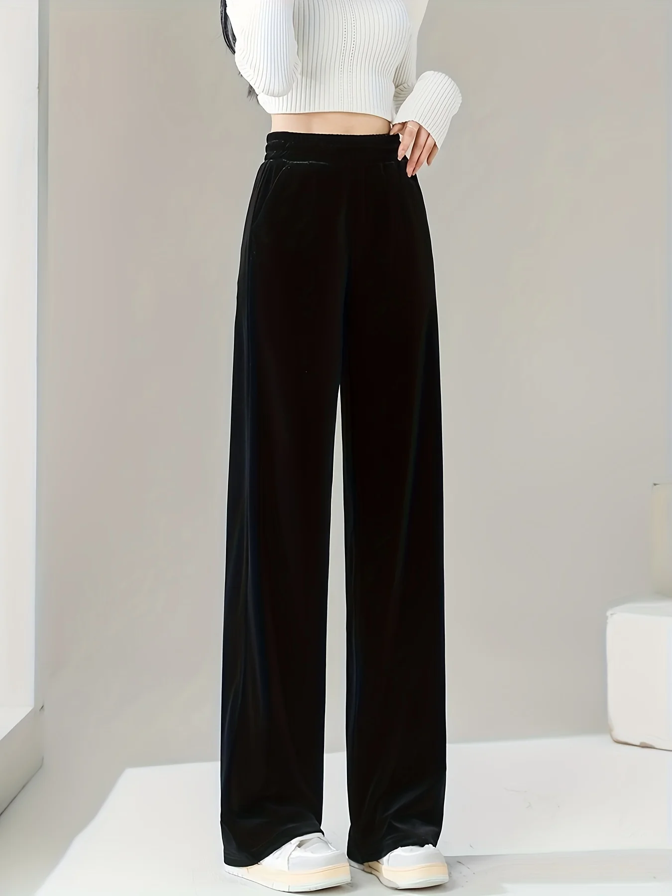 Solid Velvet Straight Leg Pants, Casual Elastic Waist Loose Pants, Women's Clothing - Deanwangkt