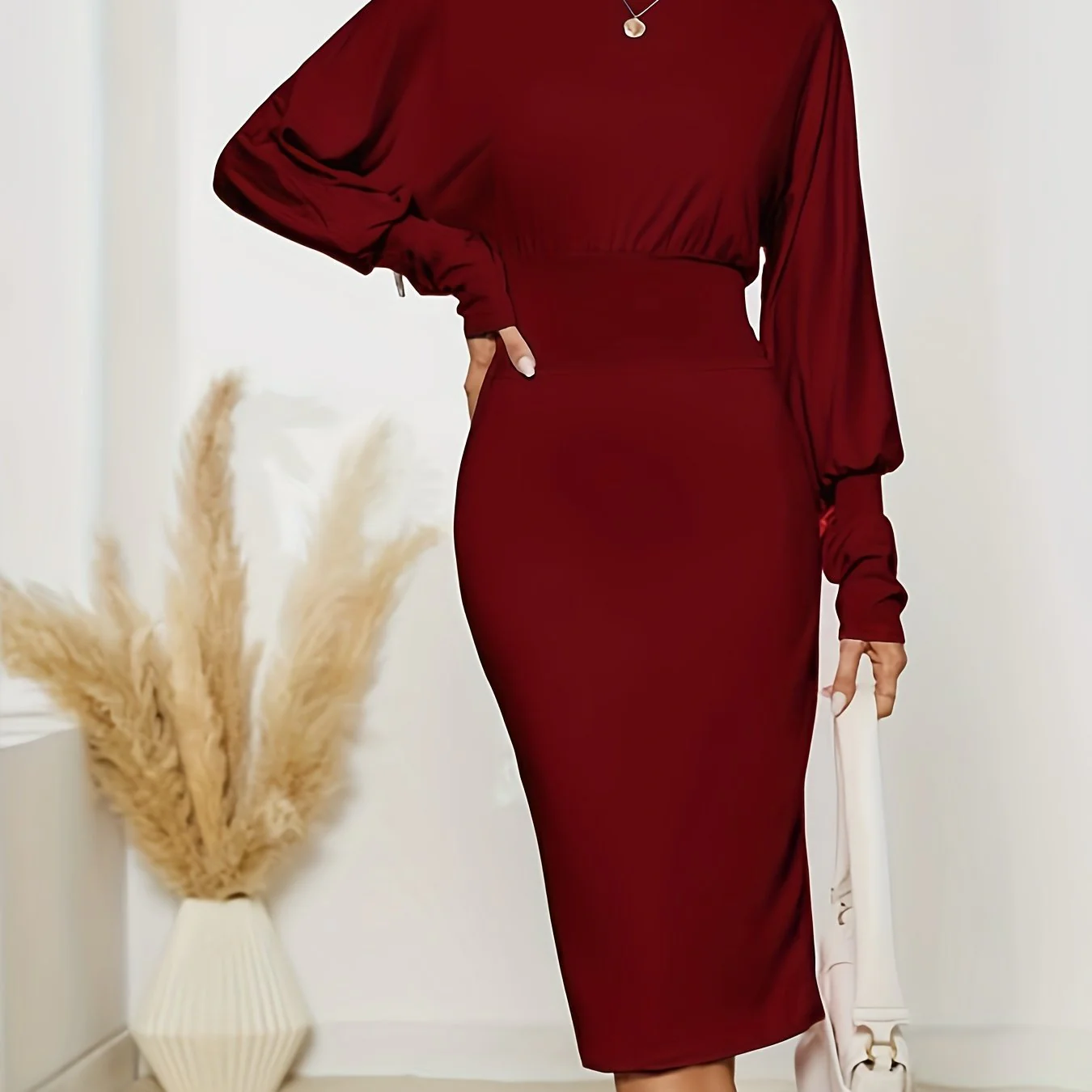 Solid Batwing Sleeve Slim Dress, Elegant Boat Neck Cinched Waist Dress, Women's Clothing - Deanwangkt