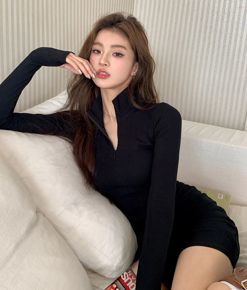 deanwangkt Elegant Fashions Autumn Winter Black Bodycon Dress Women Turtleneck Manners Slim Ribbed Knitted Long Sleeve Mini Dress Vestido - Deanwangkt