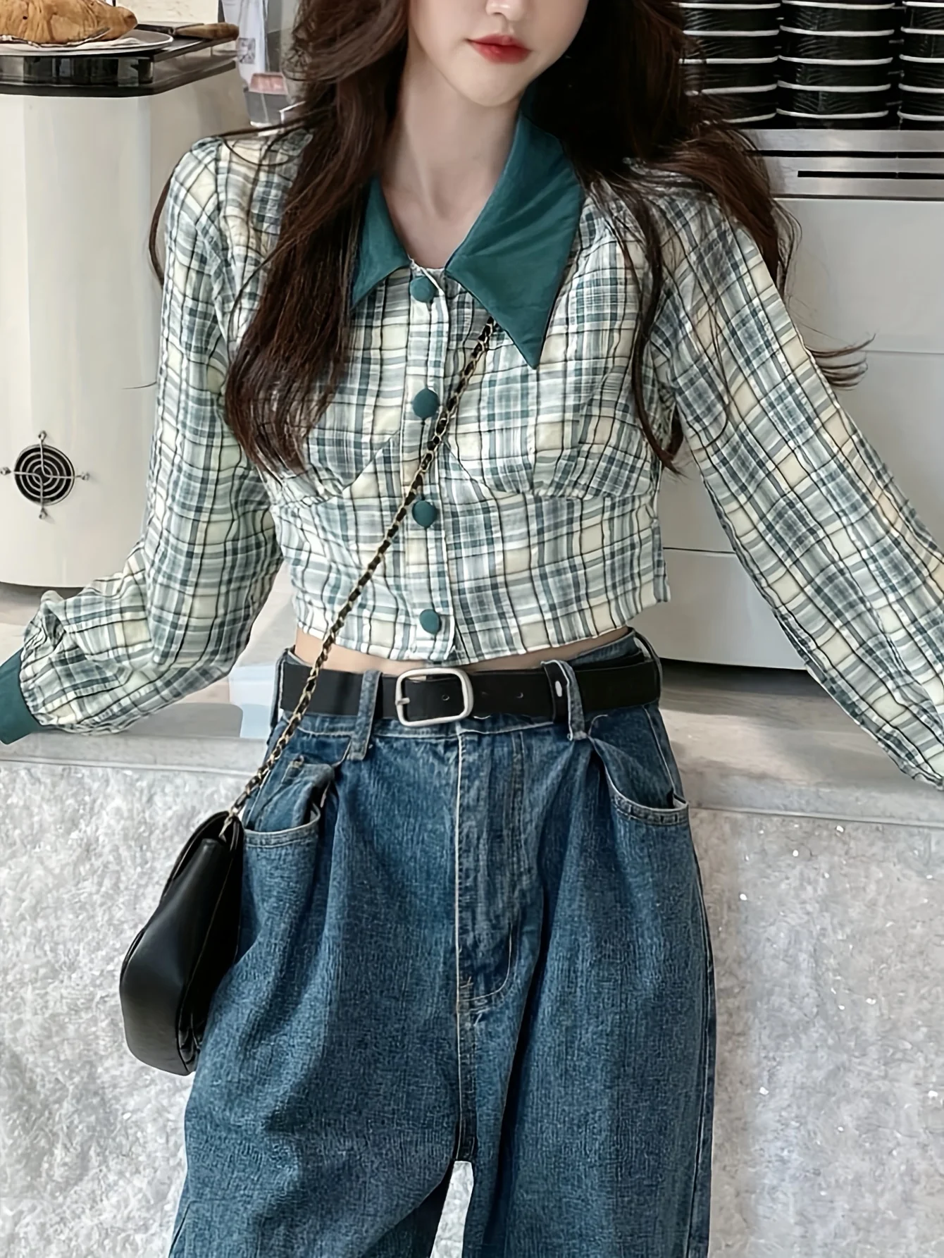 deanwangkt Plaid Print Single Breasted Crop Shirt, Vintage Long Sleeve Shirt For Spring & Fall, Women's Clothing - Deanwangkt