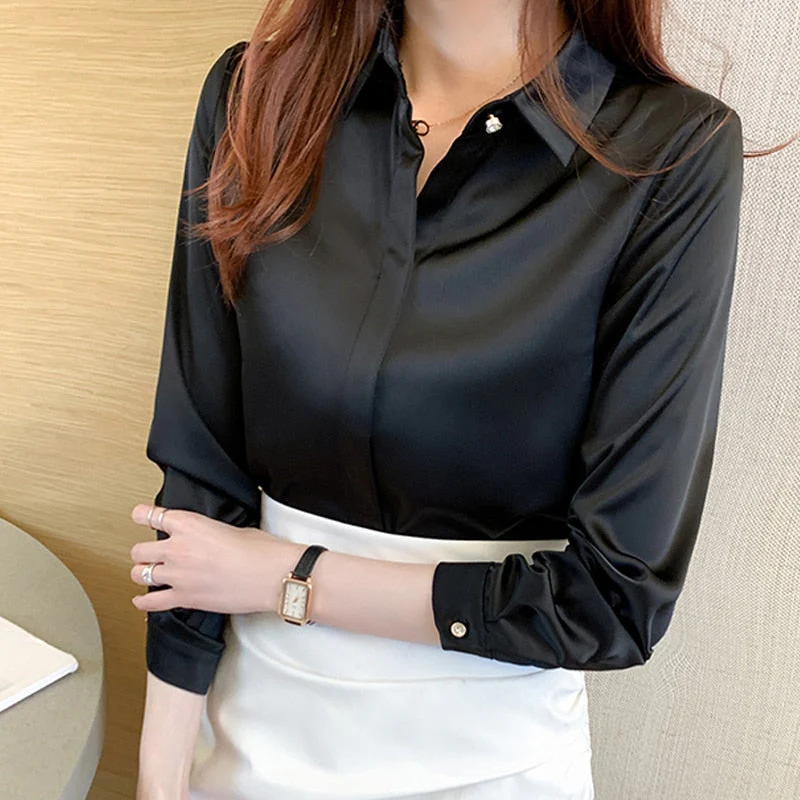 Graduation Gifts   Office Lady Silk Women Shirt Blouse Tops Button Shirts Female Long Sleeve Satin Blouses for Women Clothing Chemise Femme 17276 - Deanwangkt