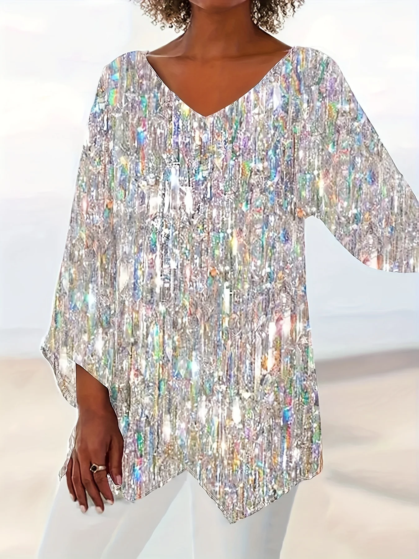 Plus Size Fluid Print Long Sleeve Layered T-shirt, Women's Plus Slight Stretch V Neck Loose Elegant Top - Deanwangkt