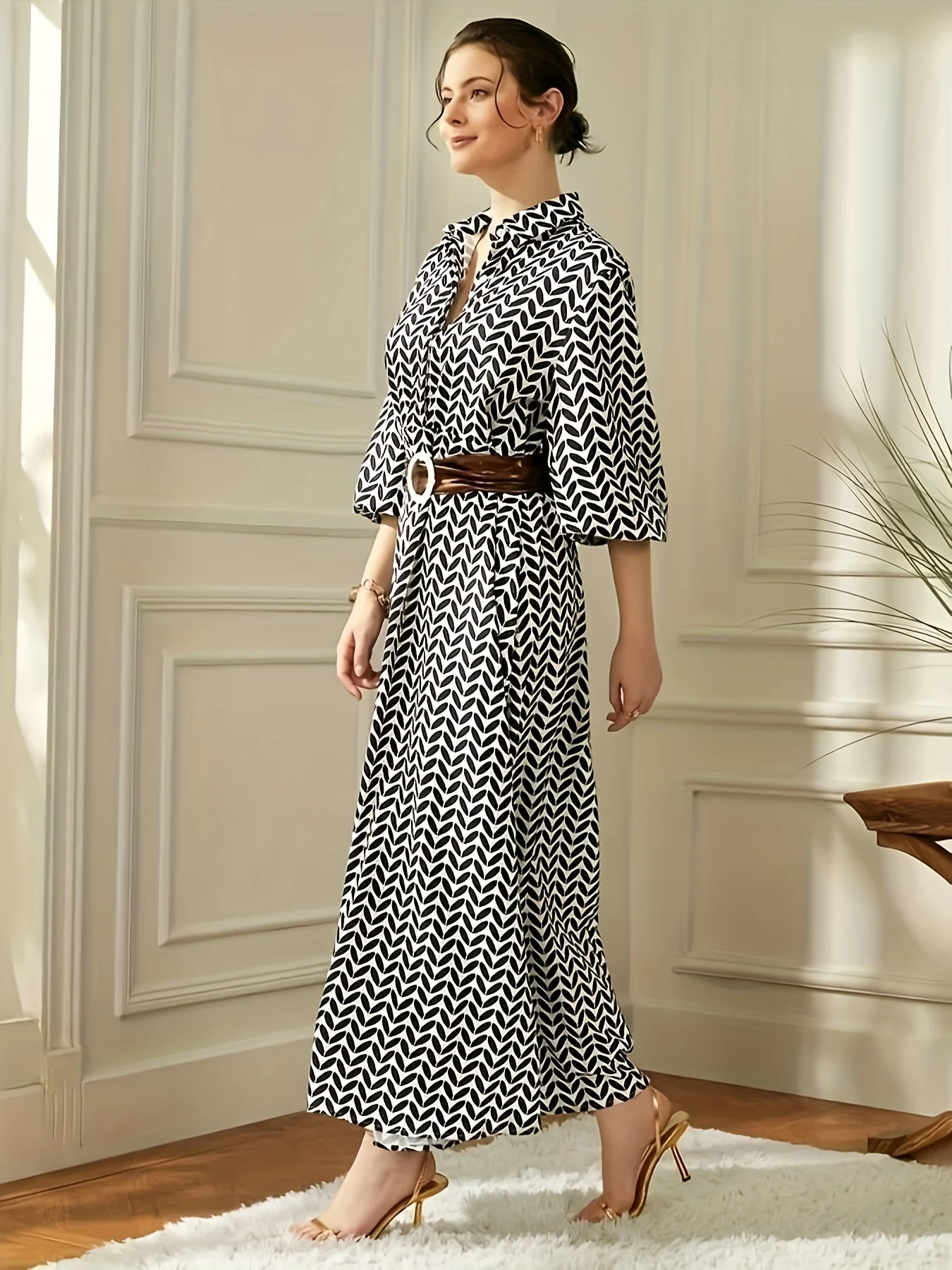 Allover Print Maxi Dress, Elegant Button Front Dress, Women's Clothing - Deanwangkt