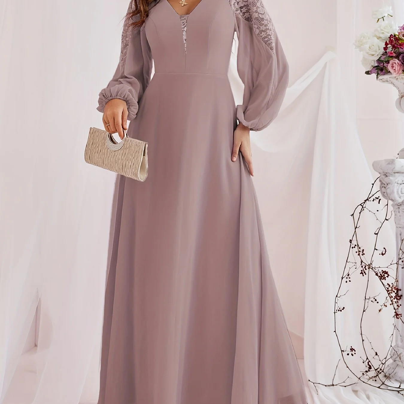Solid Contrast Lace Dress, Elegant V Neck Long Sleeve Maxi Dress, Women's Clothing - Deanwangkt