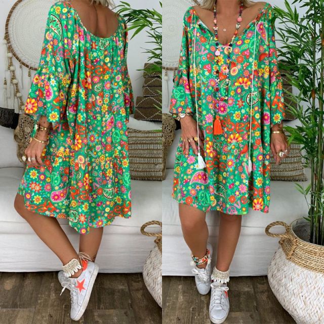 Summer Plus Size Women Boho Floral Print Dress Casual Loose Deep V Neck Holiday Beach Shirt Dress Vestido - Deanwangkt