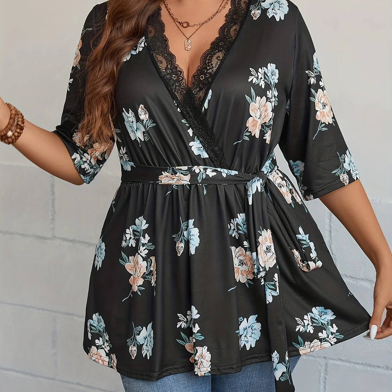 Plus Size Casual Top, Women's Plus Floral Print Contrast Lace Trim Half Sleeve Surplice Neck Medium Stretch Belted Peplum Top - Deanwangkt
