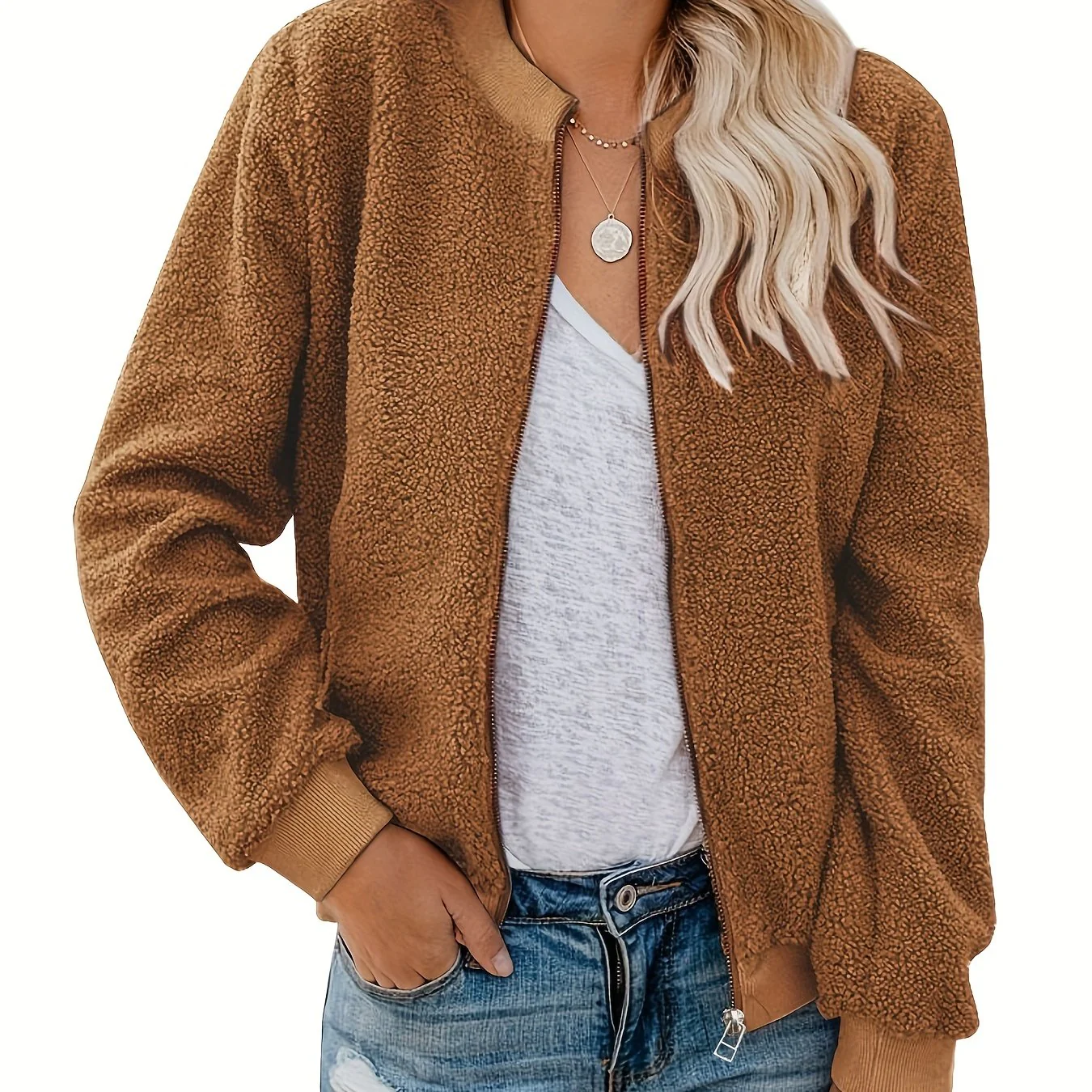 deanwangkt-1  Zip Up Fuzzy Jacket, Casual Long Sleeve Solid Versatile Outerwear, Women's Clothing - Deanwangkt