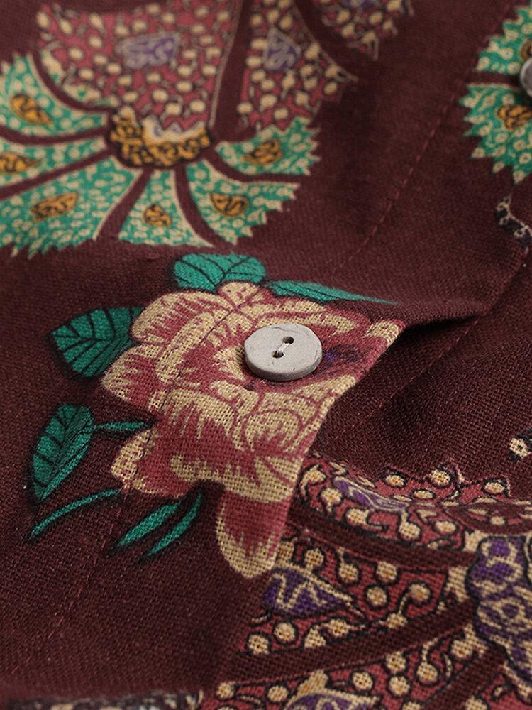 deanwangkt Women Retro Floral Print O-neck Button Robe Shirt Maxi Dress With Pocket - Deanwangkt