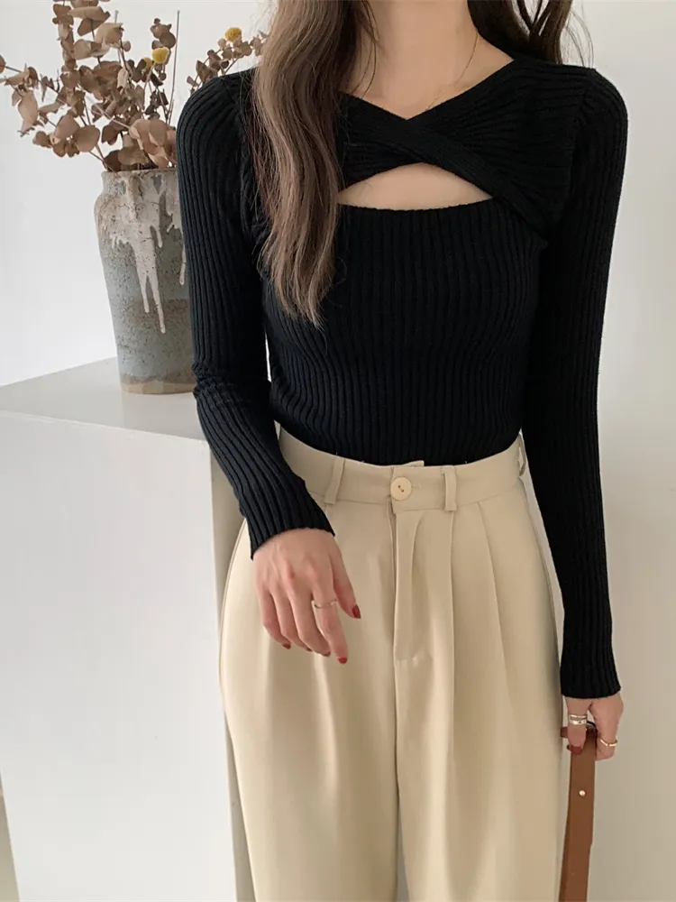 deanwangkt Women Sweater Chic Cashmere Pullovers Women Long-sleeved Knitted Streetwear Jumpers Solid Sweater  Autumn Winter - Deanwangkt