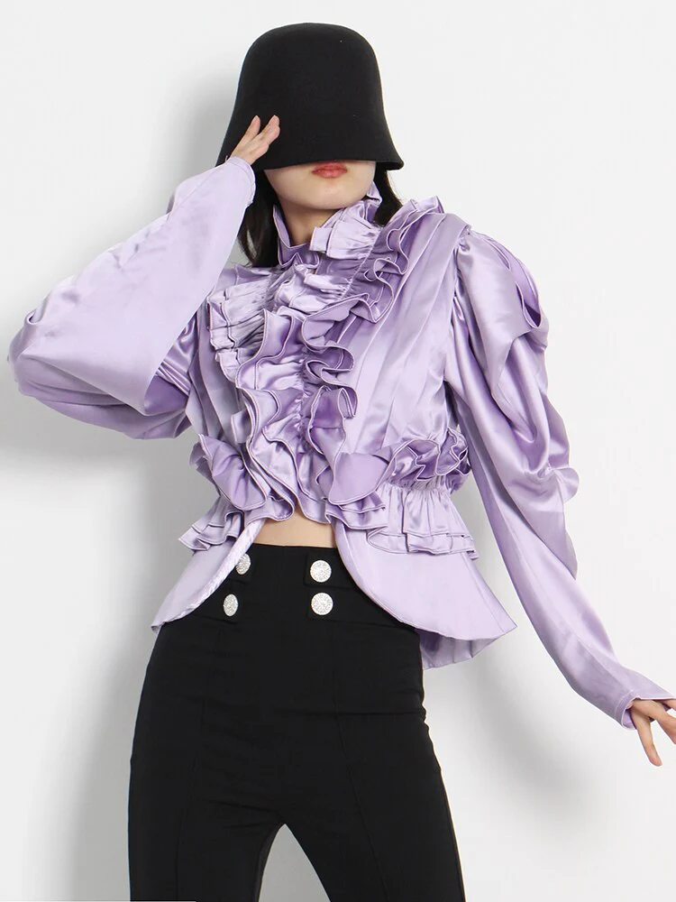 deanwangkt Korean Fashion Shirt For Women Turtleneck Puff Sleeve Fold Pleated Solid Blouses Female Fashion Clothing Style New - Deanwangkt