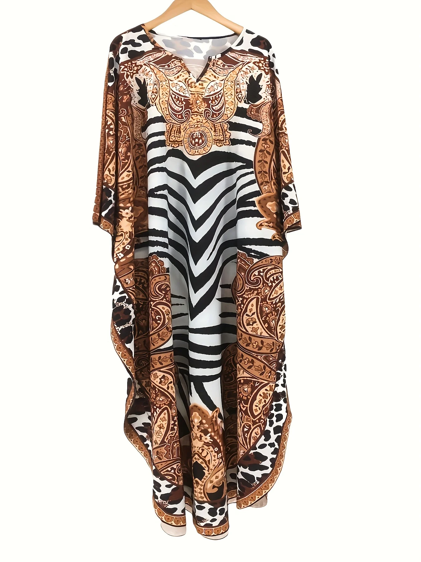 Plus Size Boho Kaftan Dress, Women's Plus Zebra & Paisley Print Batwing Sleeve Notched Neck Maxi Split Dress - Deanwangkt