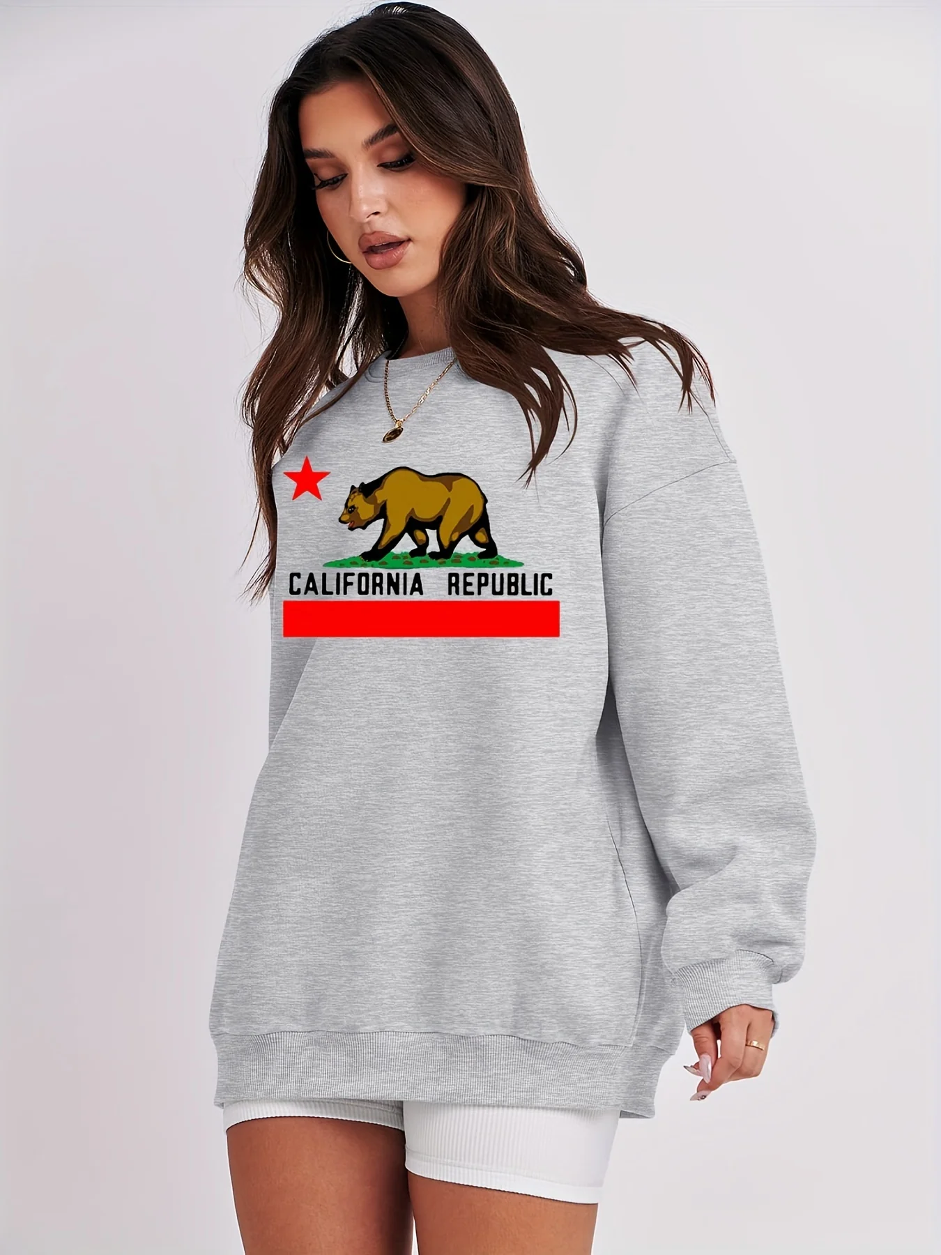 California Republic Print Sweatshirt, Casual Long Sleeve Crew Neck Sweatshirt, Women's Clothing - Deanwangkt