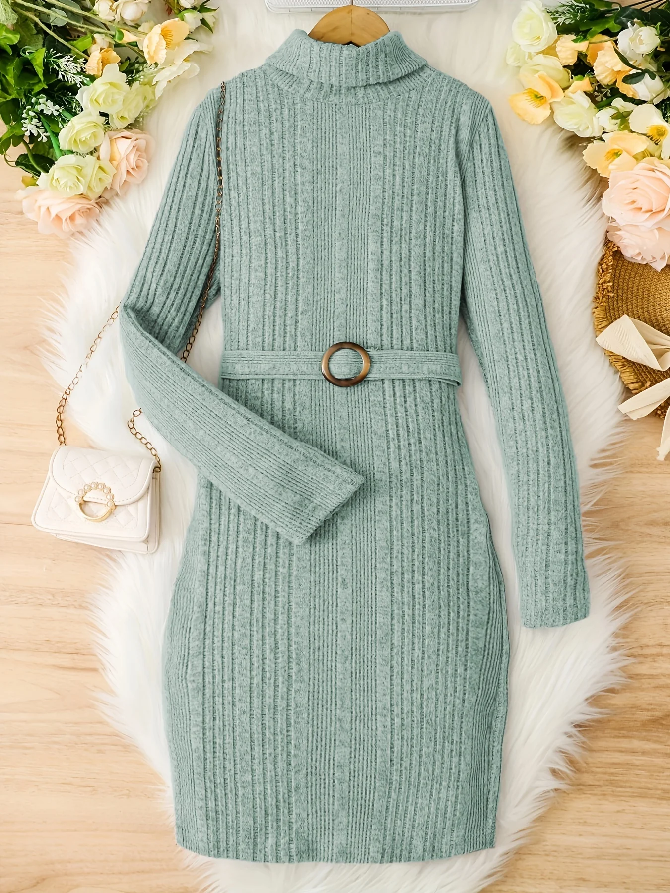 Teen Girls Rib Knitted Warm Bodycon Sweater Dress With Belt - Deanwangkt
