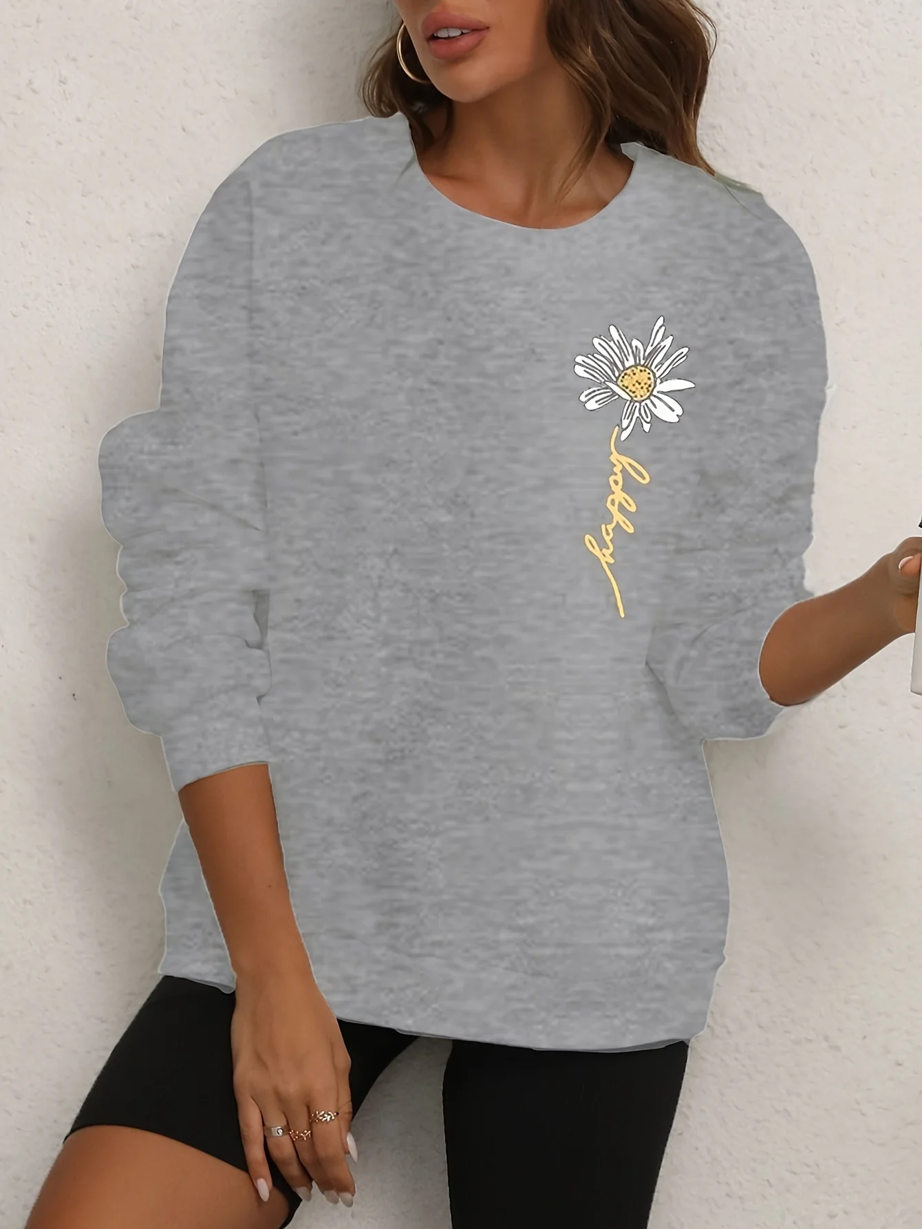 Flower Graphic Crew Neck Sports Sweatshirts, Long Sleeve Sports Pullover Top, Women's Sporty Sweatshirts - Deanwangkt