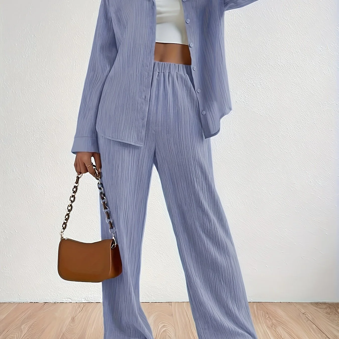 deanwangkt-1  Casual Solid Two-piece Set, Long Sleeve Button Front Shirt & Elastic Waist Pants Outfits, Women's Clothing - Deanwangkt