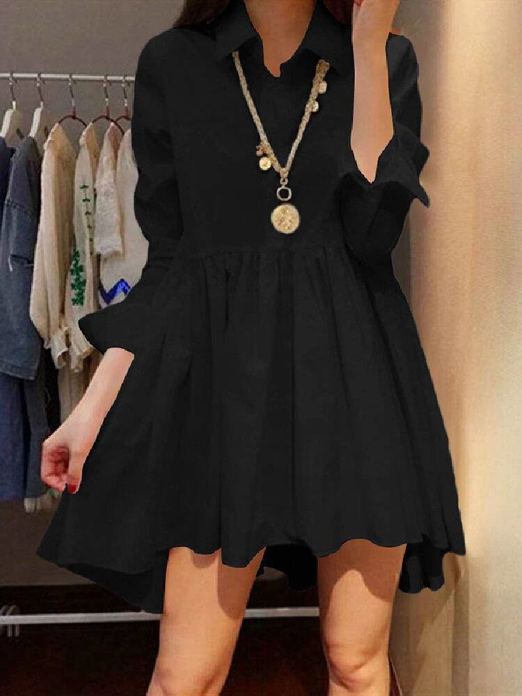 deanwangkt Casual Solid Color Lapel Long Sleeve Button High Low Hem Shirt Dress - Deanwangkt