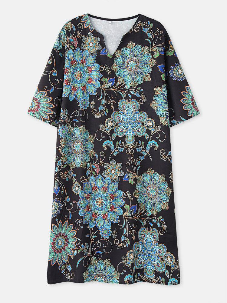 deanwangkt Women Vintage Floral Print Half Sleeve Ethnic Style Midi Dress - Deanwangkt