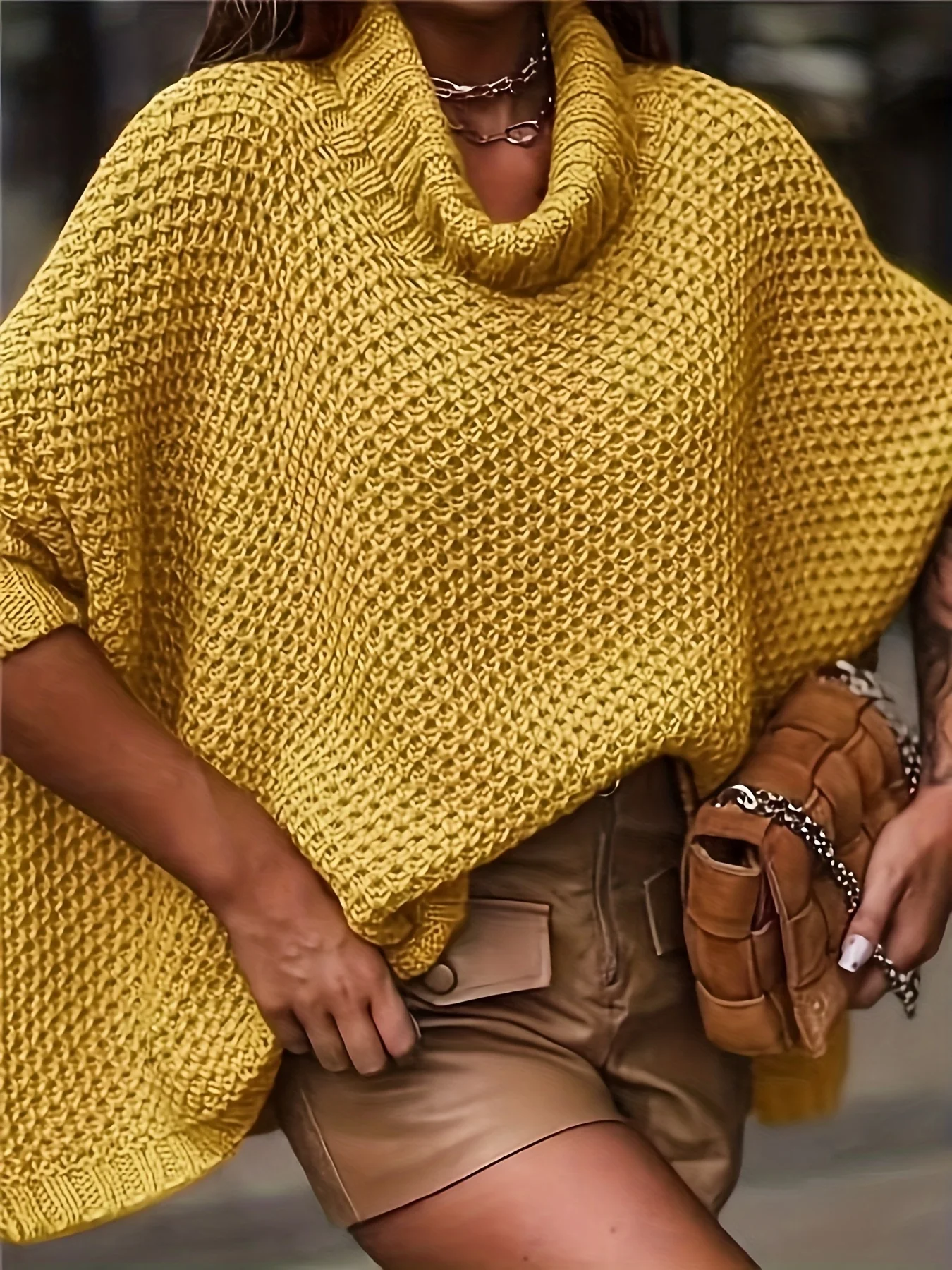 deanwangkt Plus Size Elegant Sweater, Women's Plus Solid Batwing Sleeve Turtleneck High Stretch Loose Jumper - Deanwangkt