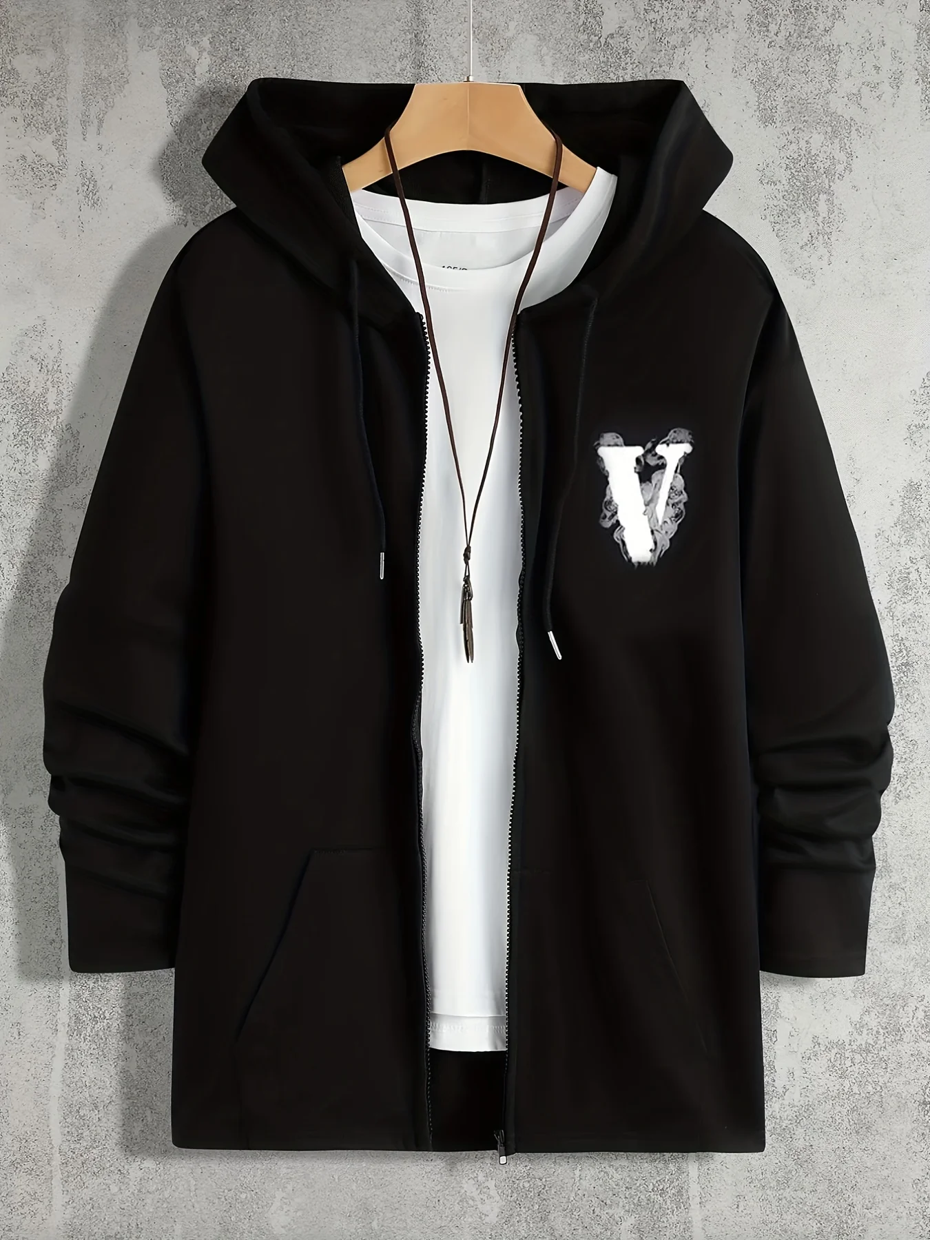 deanwangkt-1 Letter V In The Mist Print Men's Hooded Sweatshirt Casual Long Sleeve Hoodies With Full Zip-Up Gym Sports Hooded Jacket - Deanwangkt
