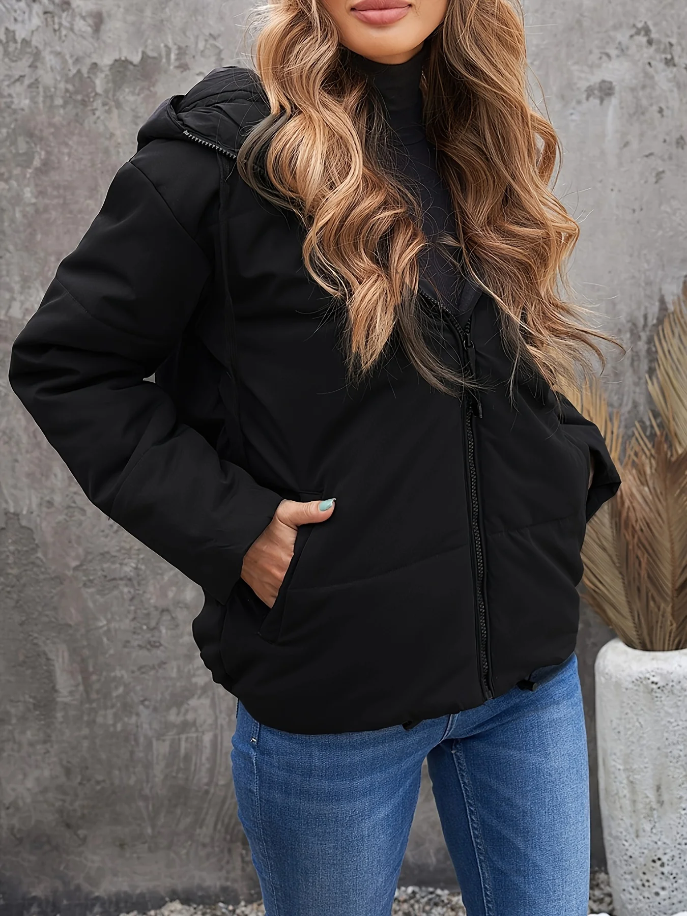 Zip Up Drawstring Coat, Casual Long Sleeve Hooded Winter Outerwear, Women's Clothing - Deanwangkt