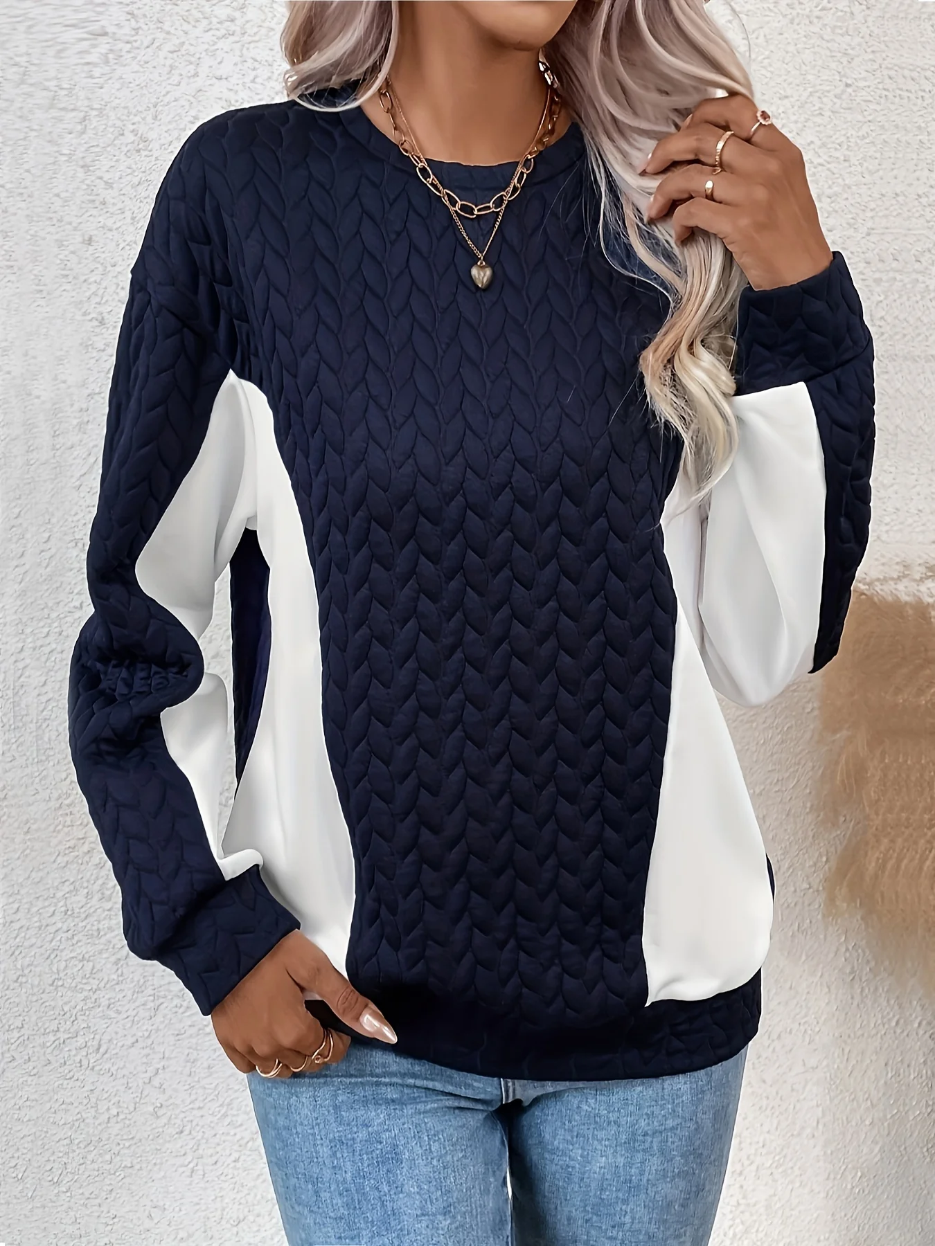 Color Block Pullover Cable Sweatshirt, Casual Long Sleeve Crew Neck Sweatshirt For Fall & Winter, Women's Clothing - Deanwangkt