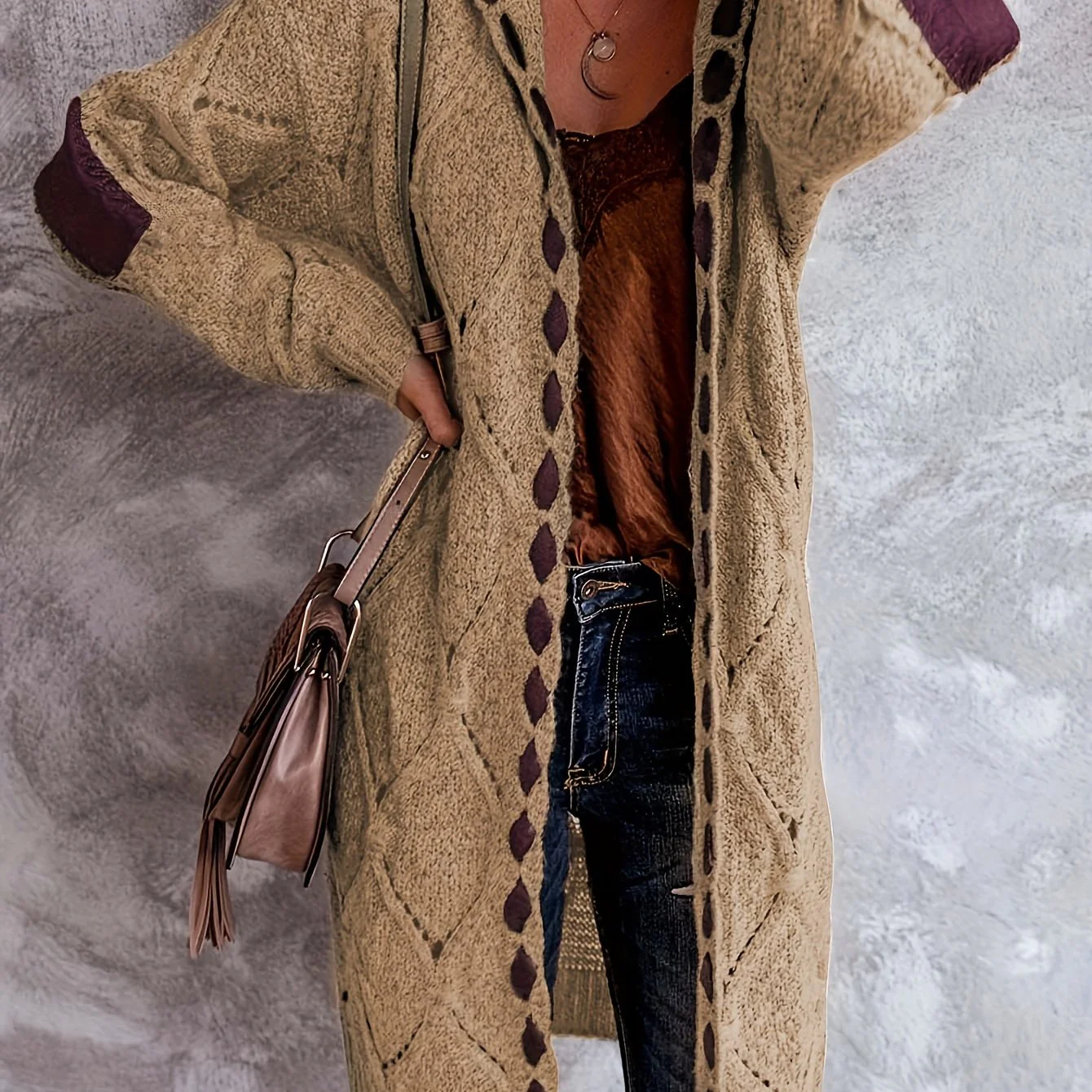 Color Block Open Front Hooded Cardigan, Vintage Long Sleeve Knitted Sweater For Fall & Winter, Women's Clothing - Deanwangkt