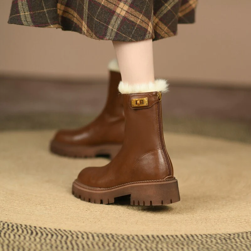 deanwangkt Autumn Boots    Winter Women Boots Round Toe Chunky Boots for Women Split leather Shoes Women Thick Heel Boots Wool Blend Warm Boots Snow Boots - Deanwangkt