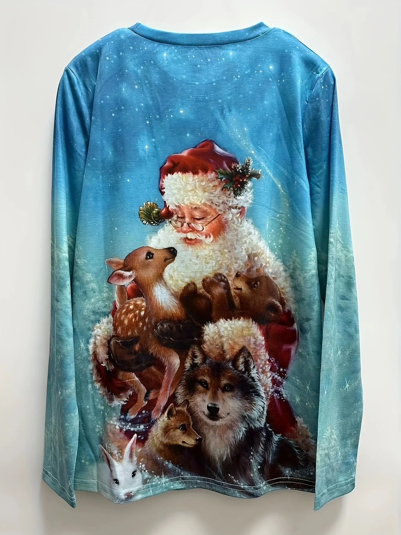 deanwangkt-1 Christmas Santa & Elk Print Crew Neck T-Shirt, Casual Long Sleeve Top For Spring & Fall, Women's Clothing - Deanwangkt