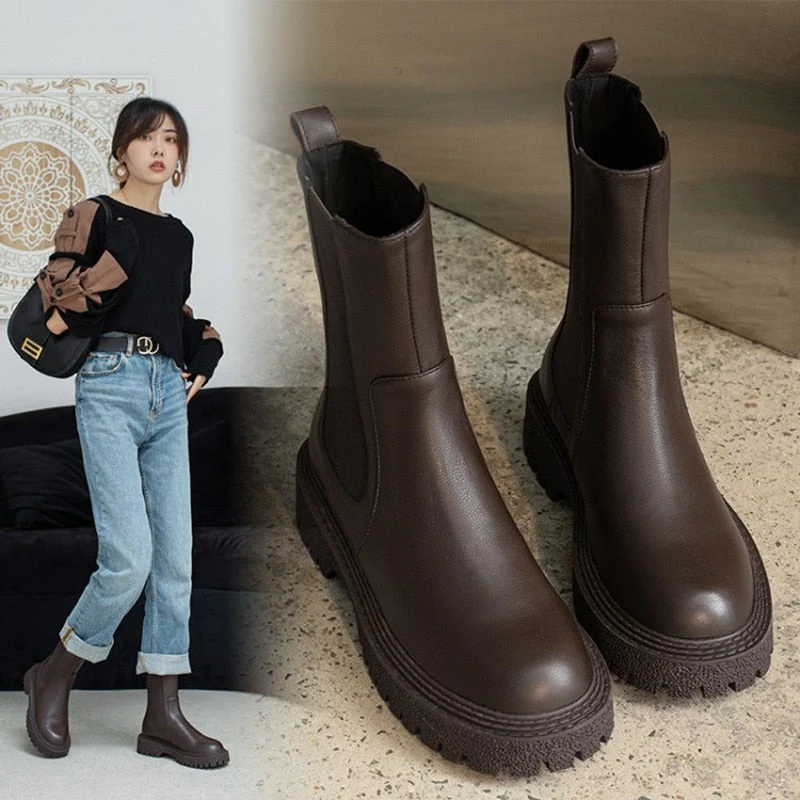 deanwangkt Autumn Shoes     Fall/Winter Shoes Women Leather Ankle Boots Women Round Toe Chunky Heel Women Shoes Solid Chelsea Boots Casual Women Boots - Deanwangkt